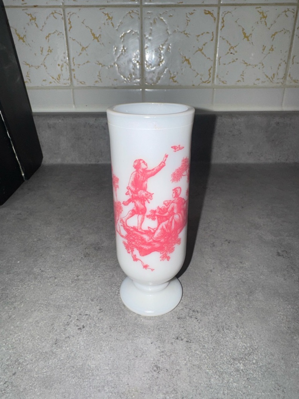 Vintage Avon Milk Glass Footed Mug Pink Toile Country Scene Pedestal
